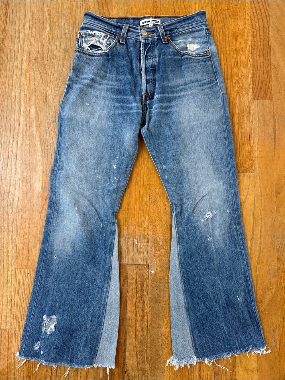 Re/Done Two-Tone Cropped Flare Jeans - Blue